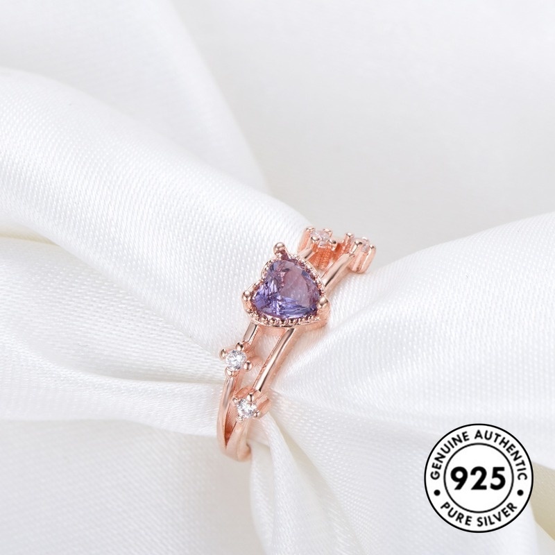 Cincin Sterling Silver 925 Dengan Kristal Warna Rose Gold / Ungu Elegan Untuk Wanita