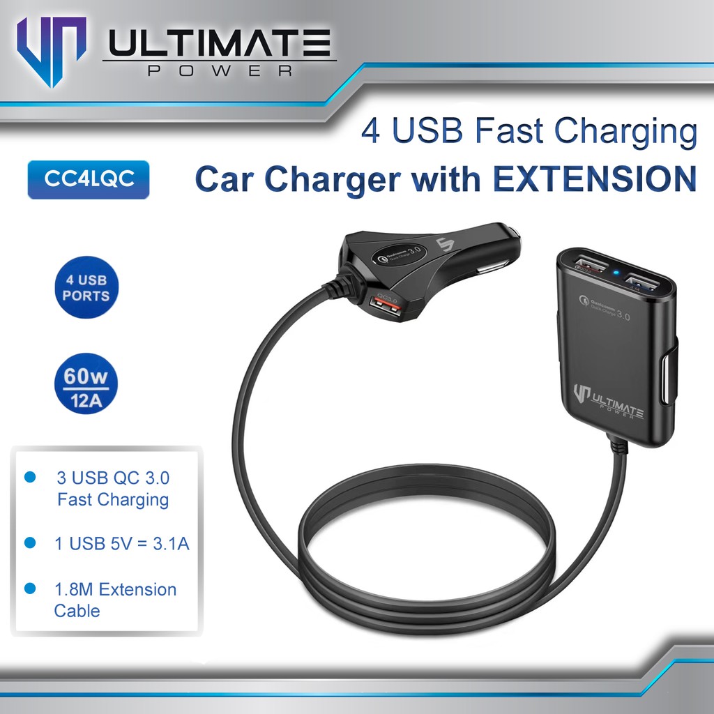 Car Charger Fast Charging Ultimate 4USB Fast Charging Car Charger with Extension