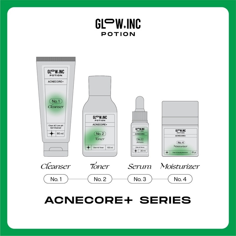 GLOWINC POTION Set Indonesia / Chroma+ Bright Radiant Acnecore+ Clear AC Gentle+ Soothing Hydralive+ Moisture Lock Maintain+ Nutrient Skin Forever+ Pro Youth Seamless Cleanser Toner Essence Serum Ampoule Cream Moisturizer Mask Spot Glow Inc Paket Package