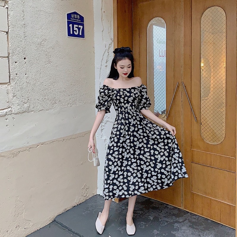 Kadelia Dress Daisy Floral Korean Vintage Summer Sweet Holiday Feminim Stretch Mini Midi Gaun Cantik