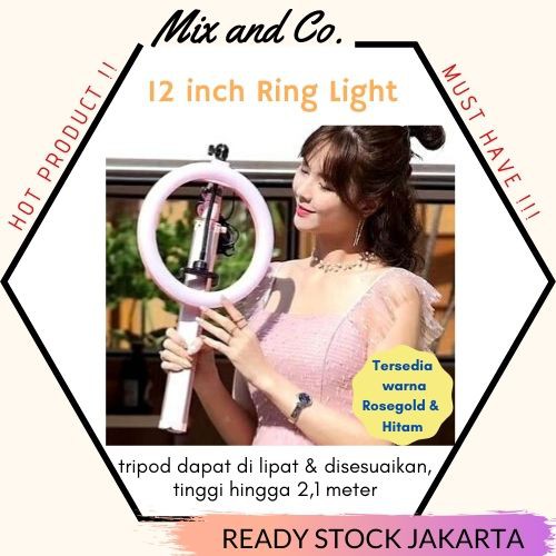 [TERMURAH] LED Ring Light 12 inch with Folding Tripod dengan Tripod lipat 2m - ring light rosegold