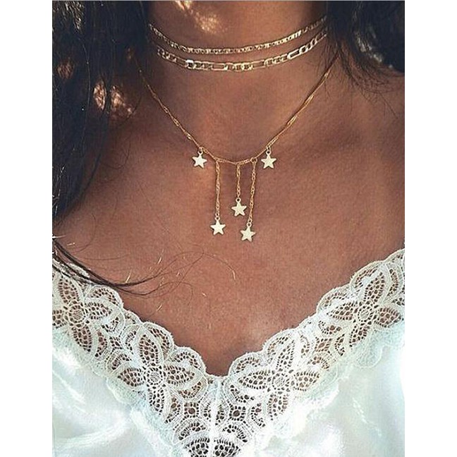 LRC Kalung Fashion Golden Pentagram Three-layer Alloy Necklace K36020