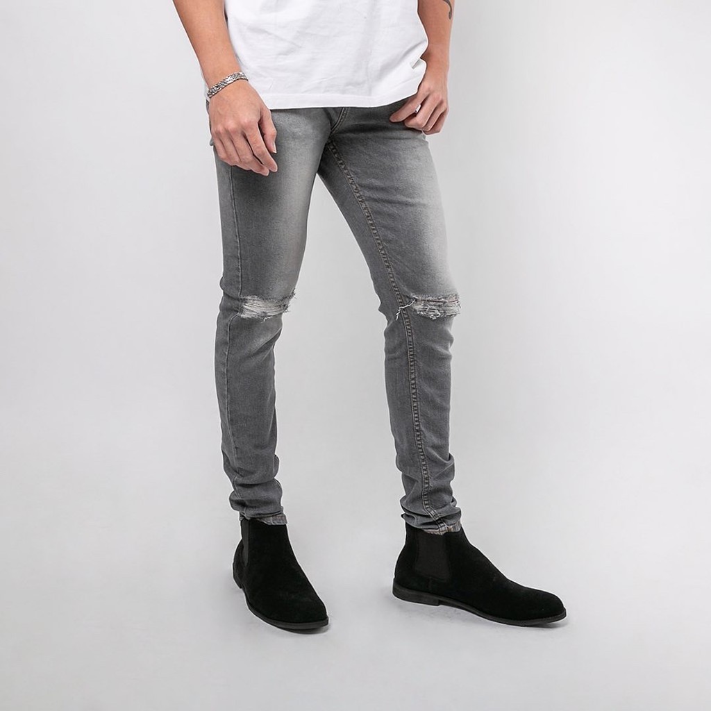 Celana Ripped Jeans Pria  / Celana Jeans Sobek Bahan Stretch Denim - (UJ-18) - Light Grey