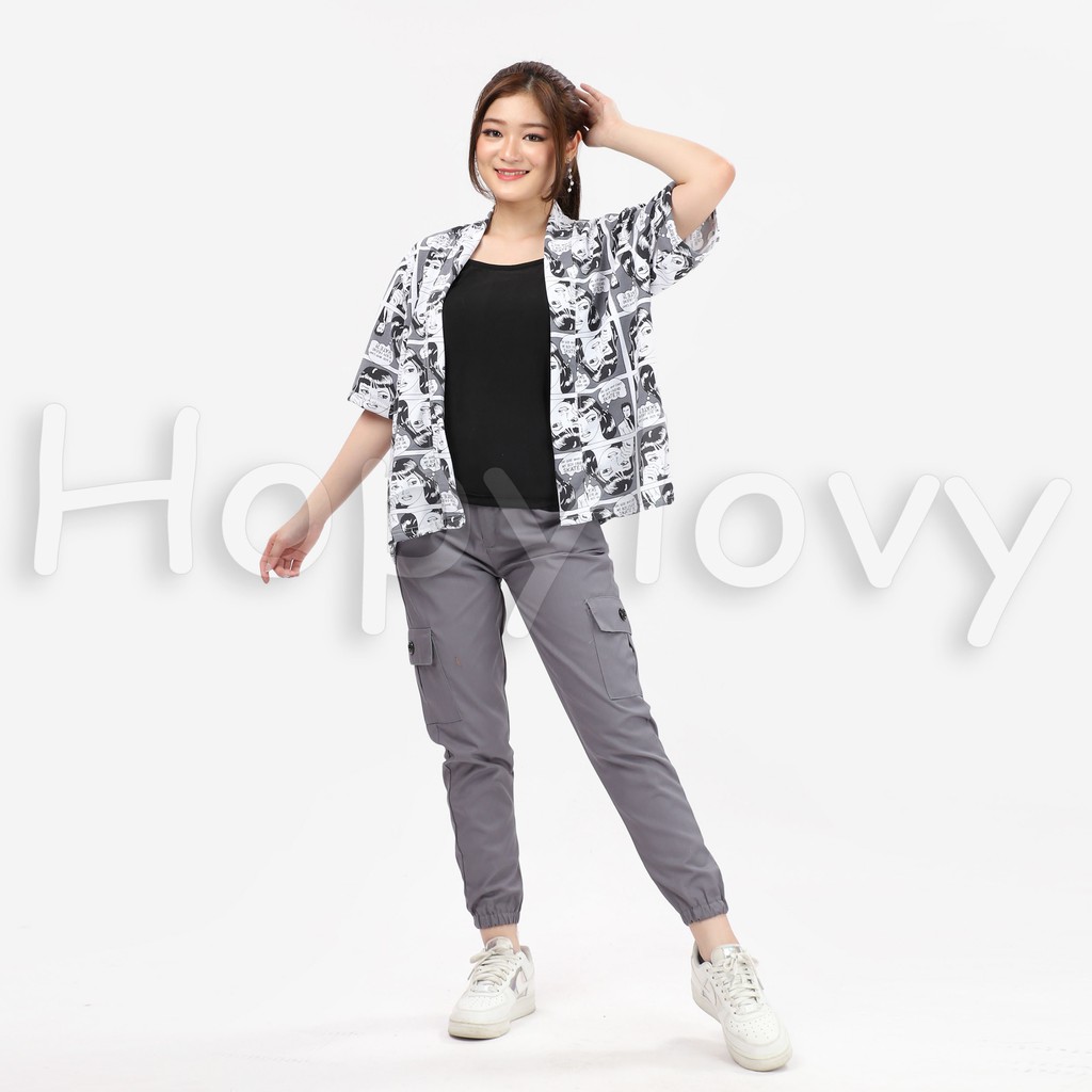 HOPYLOVY Cardigan Cardi Wanita Kekinian Outer Motif Komica