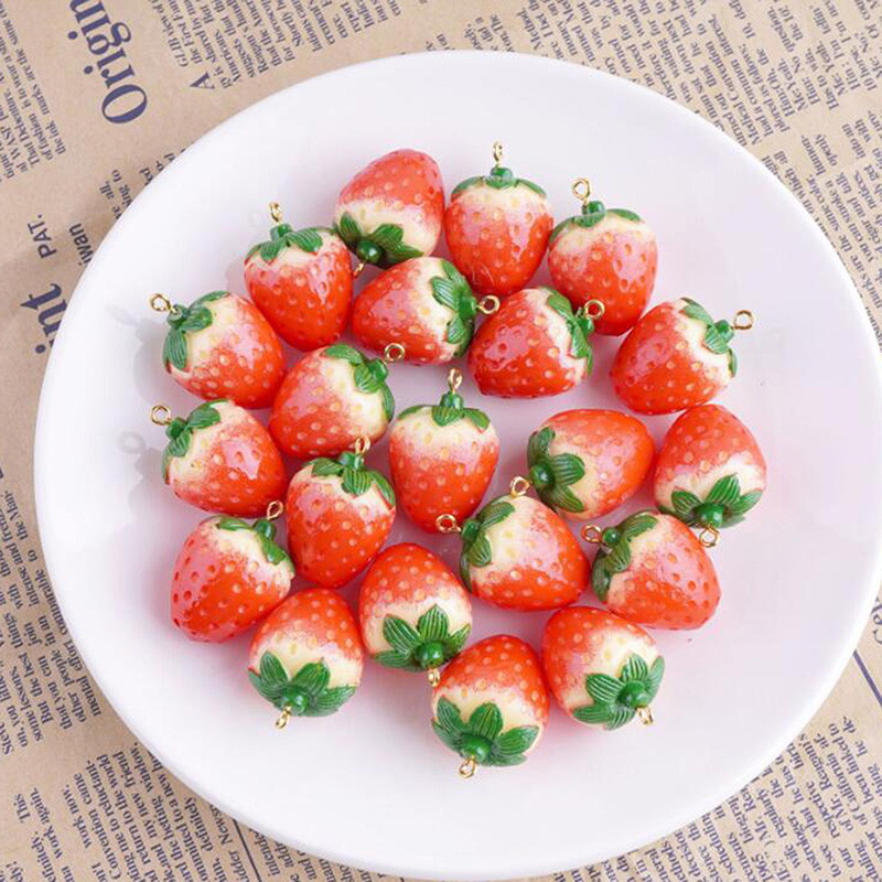 Hbid 10Pcs Liontin Bentuk Buah Strawberry Merah 3D Bahan Resin Untuk DIY Perhiasan