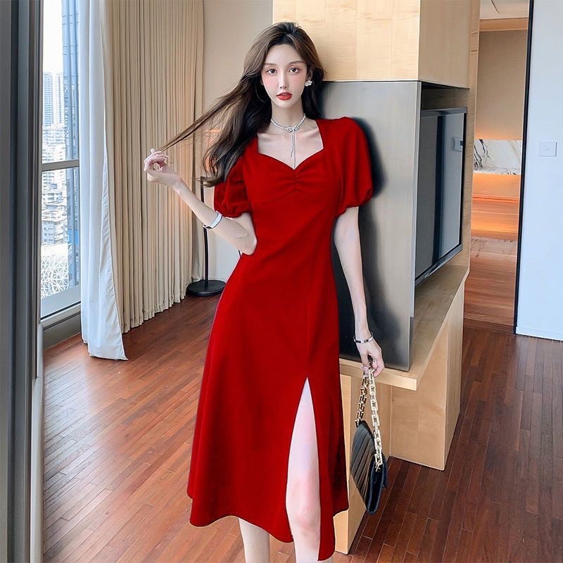 Red Dress Puffy Sleeves Slit