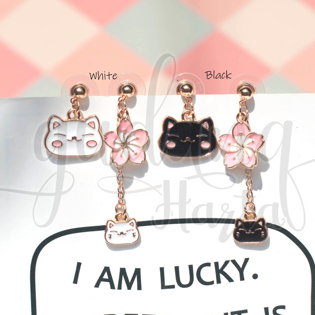 Anting Stud Cat and Sakura Kucing Lucu Asimetris GH 203115