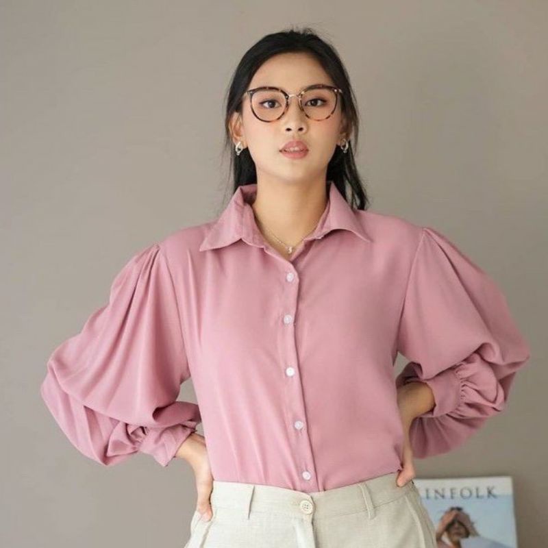 KEMEJA WANITA CASUAL POLOS BASIC AUDREY BASIC SHIRT KEMEJA LENGAN BALON POLOS, KEMEJA TANGAN BALON-2