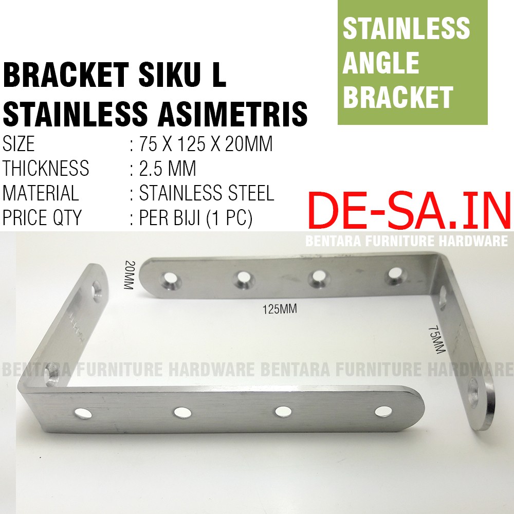 75MM Harfit Siku Stainless Steel Bracket Siku 75 x 125 x 20 MM Asimetris - L-Shaped Angle Bracket Fastener