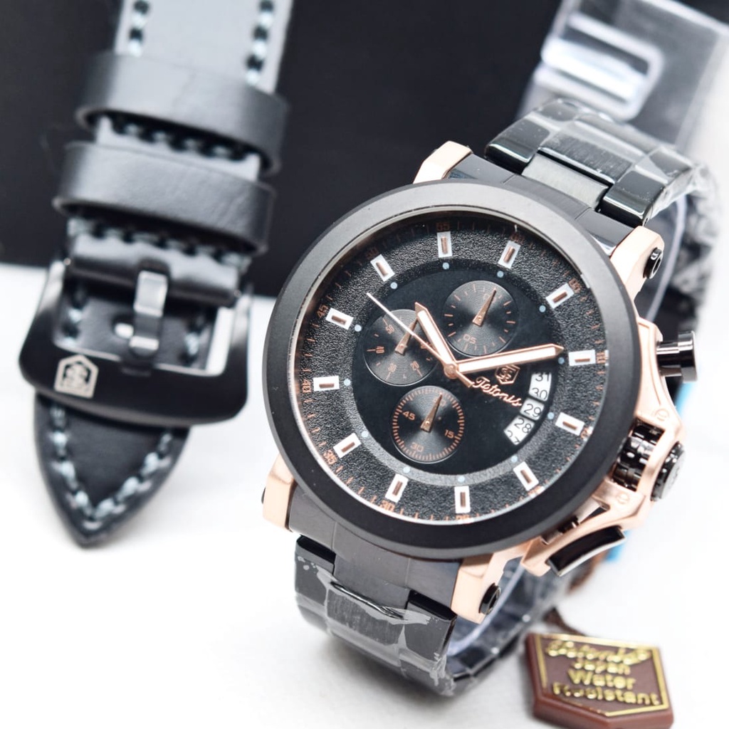 Grosiran Jam Tangan Tetonis 47235HN Analog Strap Rantai + Kulit Chrono Aktif Include Box Exclusive Garansi Supplier 1 Tahun