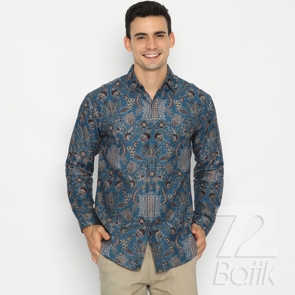 BATIK COUPLE MODERN  Kemeja Rok Lilit Instan Hem Batik Pria Lengan Panjang Slimfit Premium Biru 728868 Cap 72 - Baju Kemeja Atasan Pakaian Batik Couple Cople Pria Cowok Laki Laki Remaja Keluarga Lengan Panjang Modern Slimfit Premium Kekinian