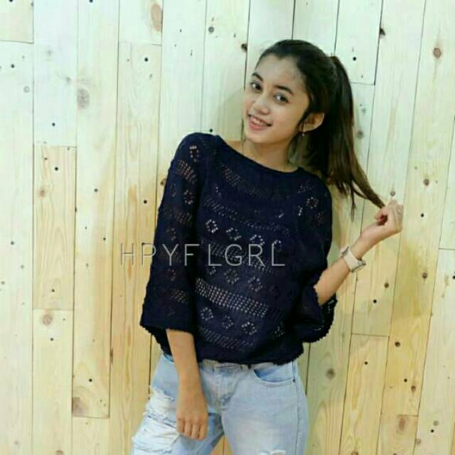 Atasan rajut - Crop Jaring sweater - Sweater cewek - Sweater murah - Sweater crop jaring navy