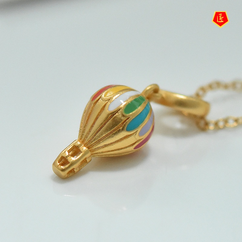 [Ready Stock]3D Gold Necklace Rainbow Hot Air Balloon Pendant Lucky Bead