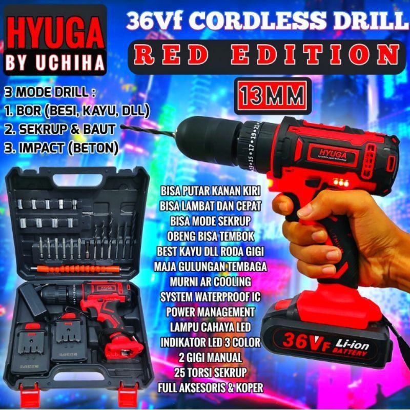 Promo Mesin Bor Baterai 36v Hyuga by Uciha Impact drill Cordless Fulset japan Import
