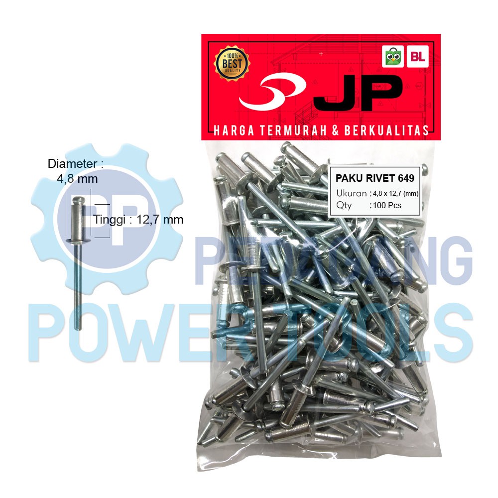 PAKU RIVET 4.8 X 12.7 MM 649 BLIND RIPET RIFET TEMBAK ALUMINIUM 100 PC