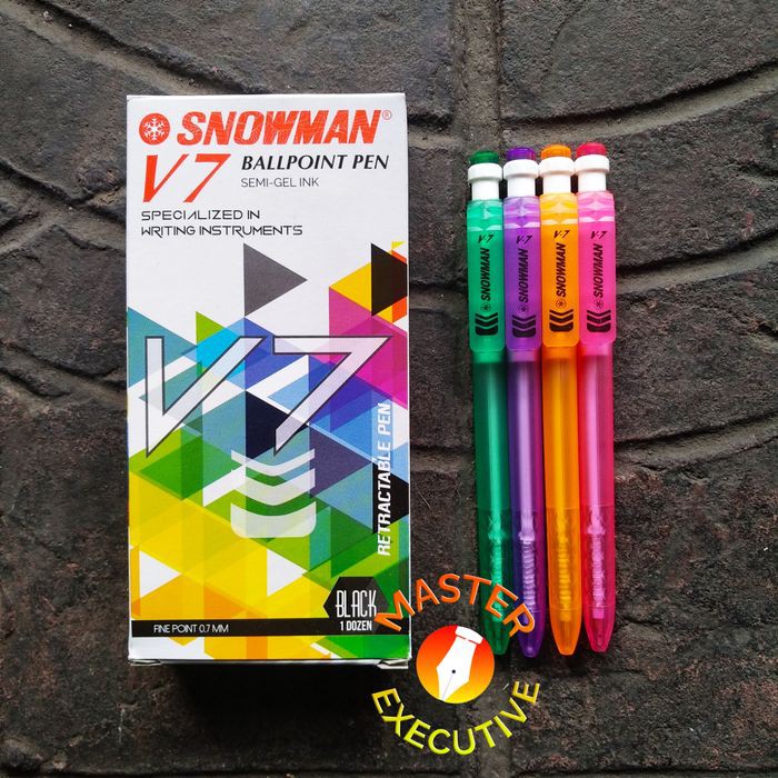 [Pak -12 Buah] Snowman V7 Black Hitam Bolpen 0.7 mm / Retractable Pen Mix Warna