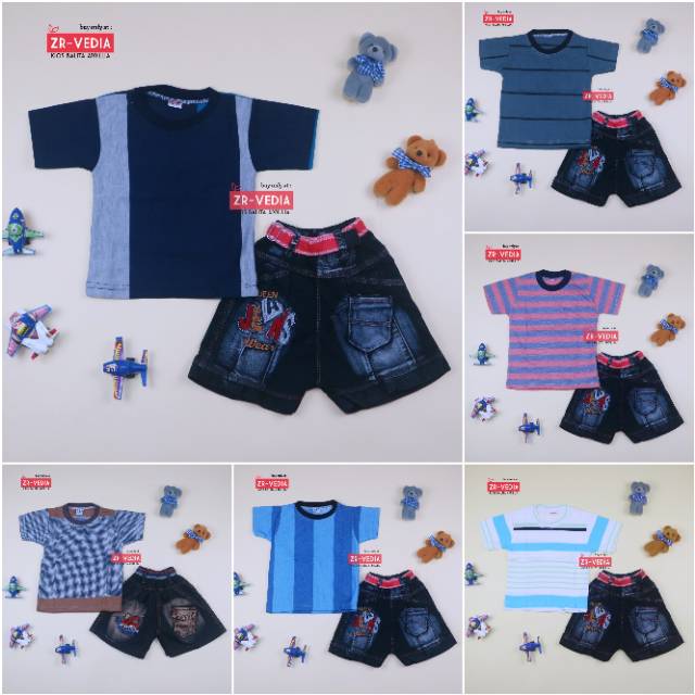 Setelan Salur Jeans uk 1-2 Tahun / Kaos Anak Murah Celana Jeans Murah Setelan Lengan Pendek Laki