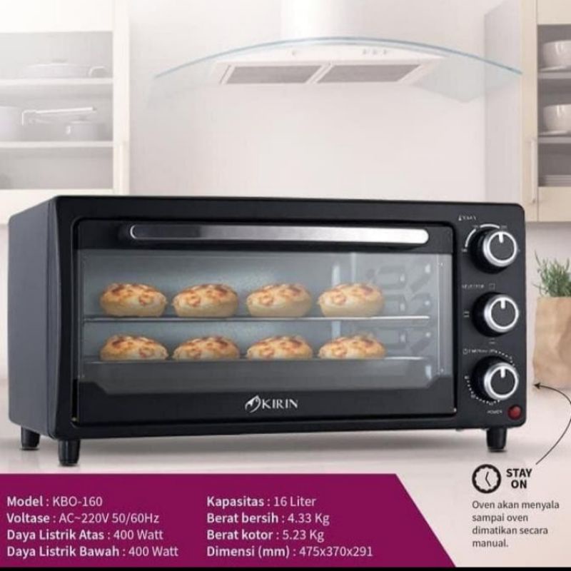 KIRIN OVEN LISTRIK KBO 160 LL 16 L DAYA LISTRIK 600 W API ATAS BAWAH DOUBLE COOPER HEATING MANTAP