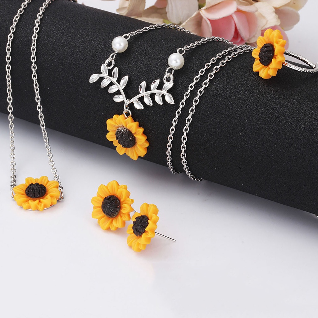 Hu Hu Hu Hu Hu Alat Bantu Pasang Kacamata♡ 4pcs / Set Kalung Cincin Bentuk Bunga Matahari Daun Bahan Stainless Untuk Wanita