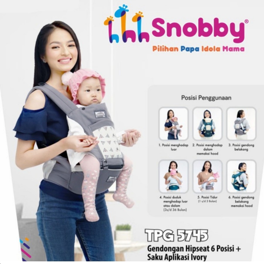 Gendongan Hipseat Bayi / Gendongan Duduk / Gendongan Depan Snobby Hip Seat 6 Posisi TPG5745 + Saku Aplikasi Ivory Series