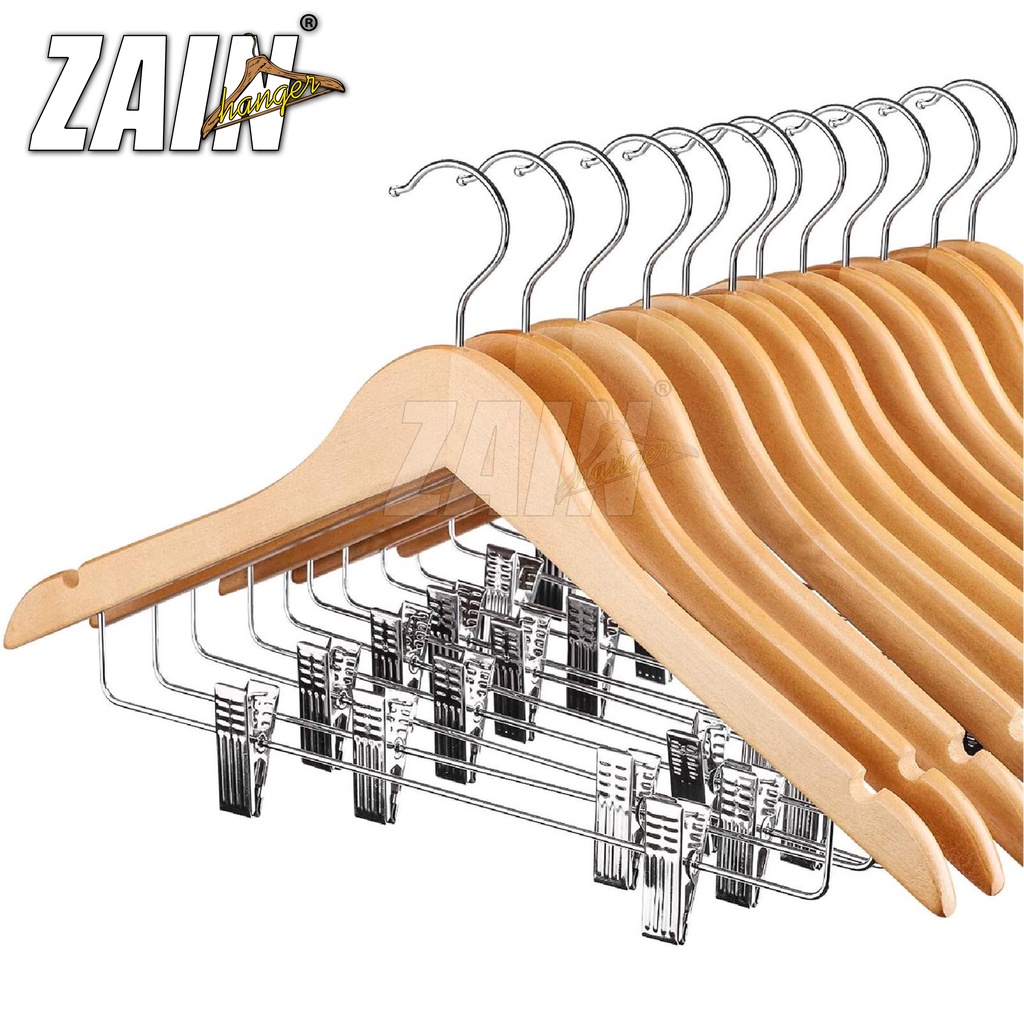 HANGER KAYU BAJU DEWASA + PALANG JEPIT BESI + WARNA NATURAL