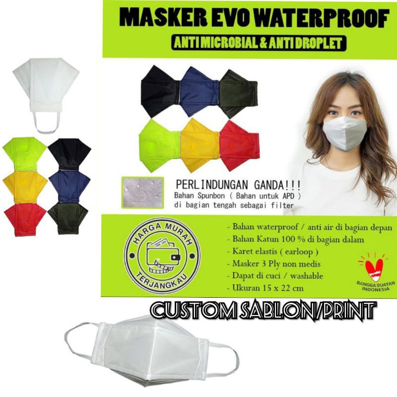 Custom cetak logo nama masker kain cotton 3ply waterproof model Evo gratis sablon suka suka