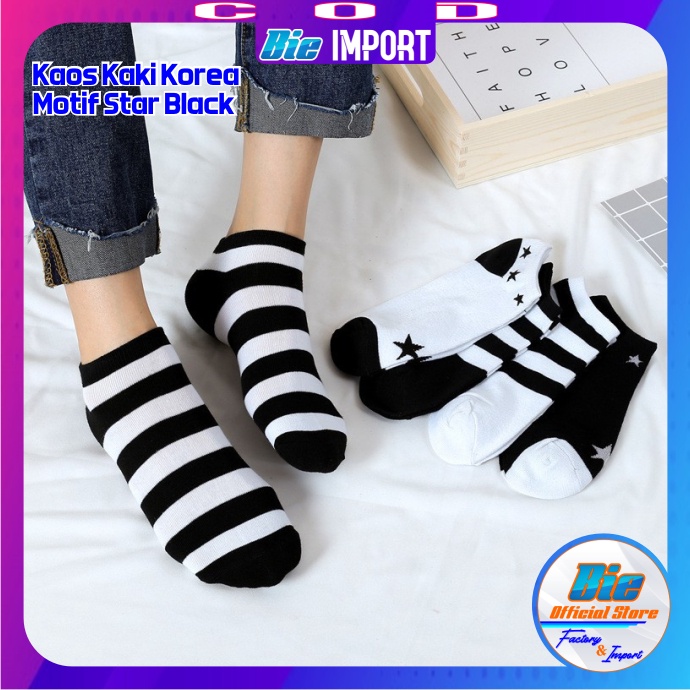 Kaos Kaki Korea Wanita Motif Black Star Impor Best Seller