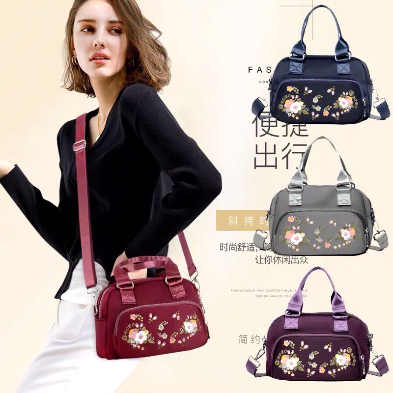 Tas Wanita Import Jinjing Selempang BOBO BB9102 9102 Bordir Bunga 3 in 1 Bahan Parasut Kualitas