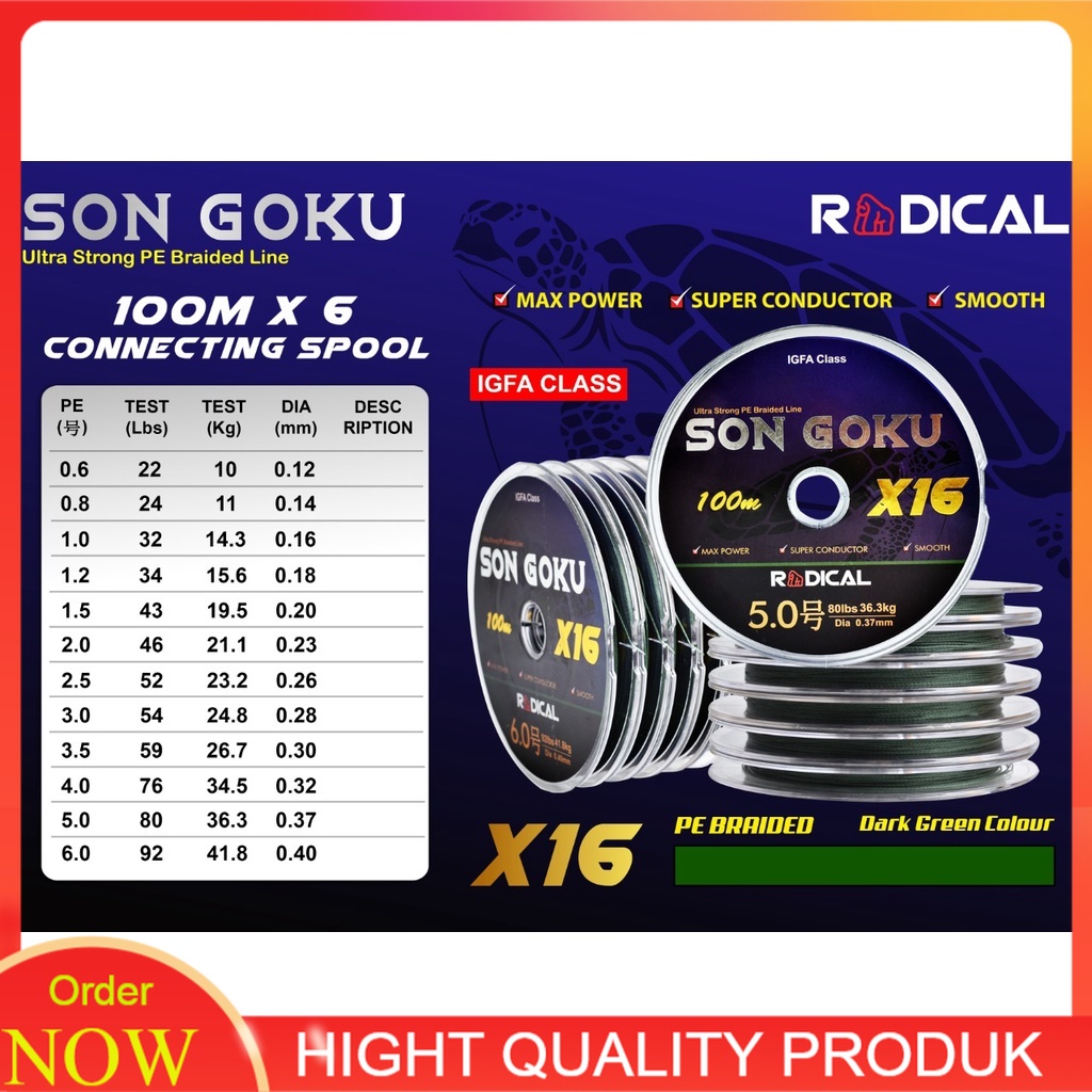 [PROMO SPECIAL] Alat Tali Pancing Senar Pancing Laut Kuat PE Braid RADICAL Son Goku 100m X16 Connect