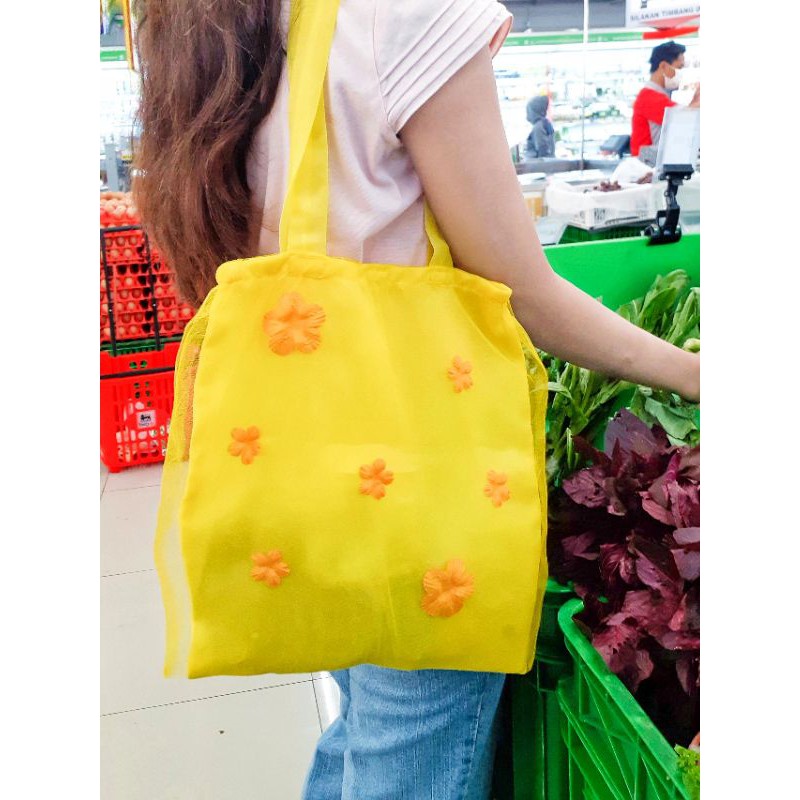 Totebag Organza Handmade Bunga Lucu Seethrough Mesh Murah Kualitas Bagus High Quality | Maita Yellow