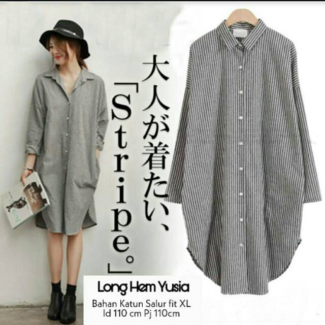 Atasan Top Long Hem Kem Kemeja Katun Salur Yusia