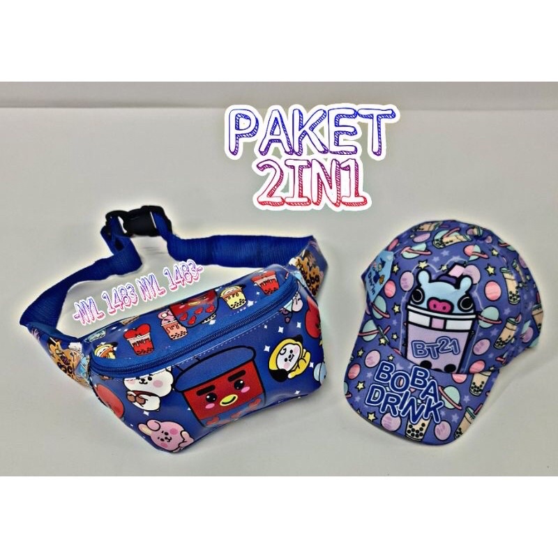 PROMO Tas Waist bag Anak  Motif Boba Drink dan Topi Anak BOBA