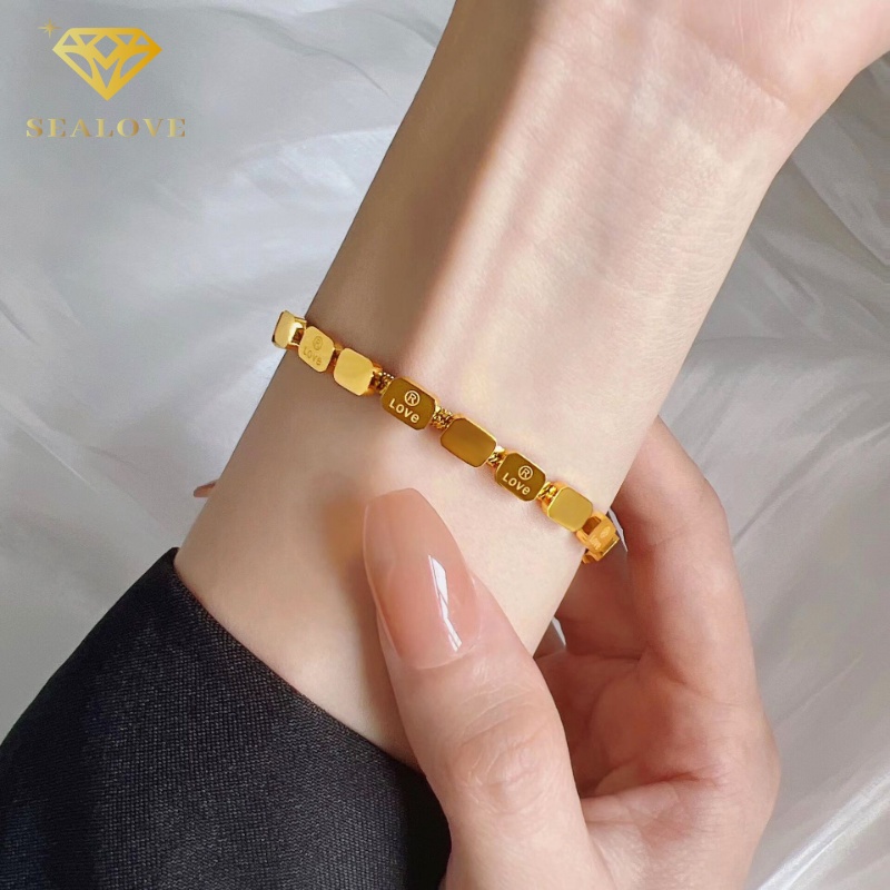 Gelang Titanium Premium Susun Kubus Beruntung Emas 18k Anti karat Wanita Korea Perhiasan