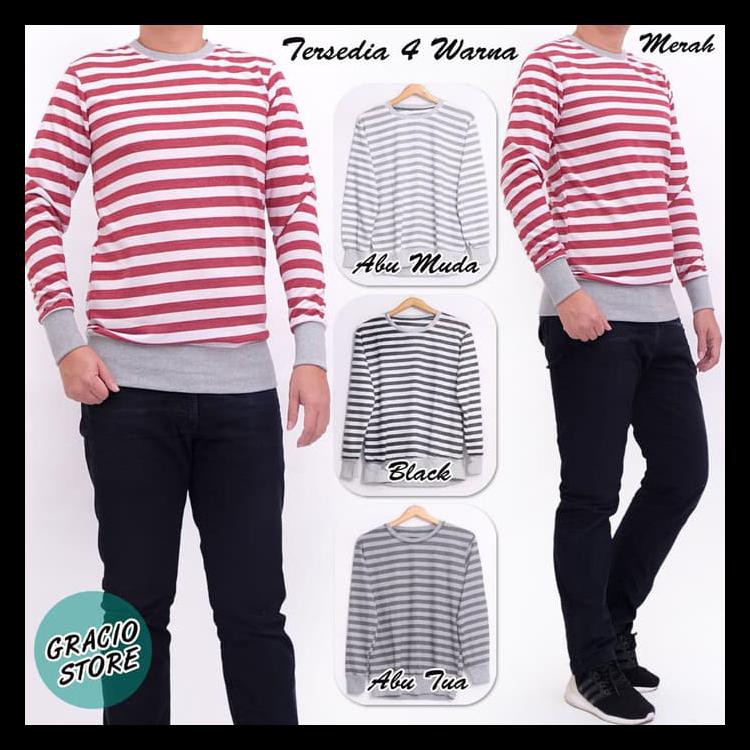 Terbaru Kaos Sweater Switer Lengan Panjang Salur  Kaos Panjang Cowok Cewek Terlaris !!!