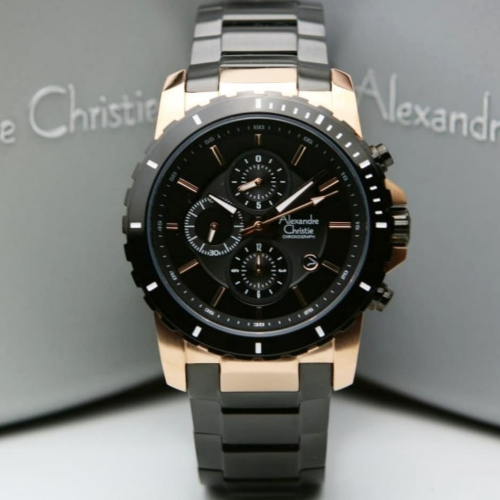 Alexandre Christie Ac 6141 Rosegold Black, Jam Tangan Pria, Original Dia 44 mm