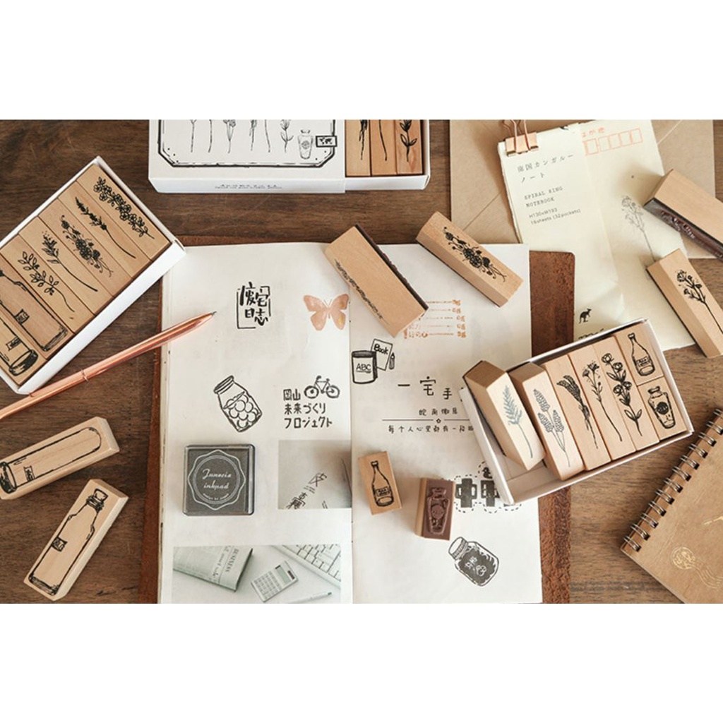 

mg LovelyCraft W05 - 1 set 7pcs / 8pcs DIY Wooden Rubber Stamp Plant Garden Vase Stempel Kayu