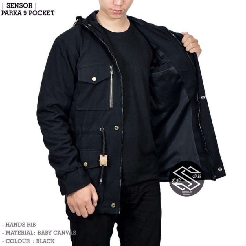 Sensor Jaket Parka Pocket Zipper Pria