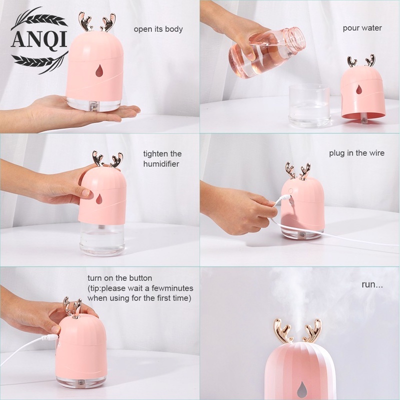 ANQI 1888 Cool Mist Humidifier Purifier Motif Rusa Pelembab Udara with LED Light Warna