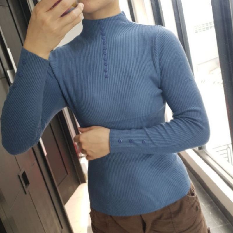 W4282 Premium Turtle Neck Variasi Kancing / Atasan Rajut Leher Tinggi / Manset Rajut