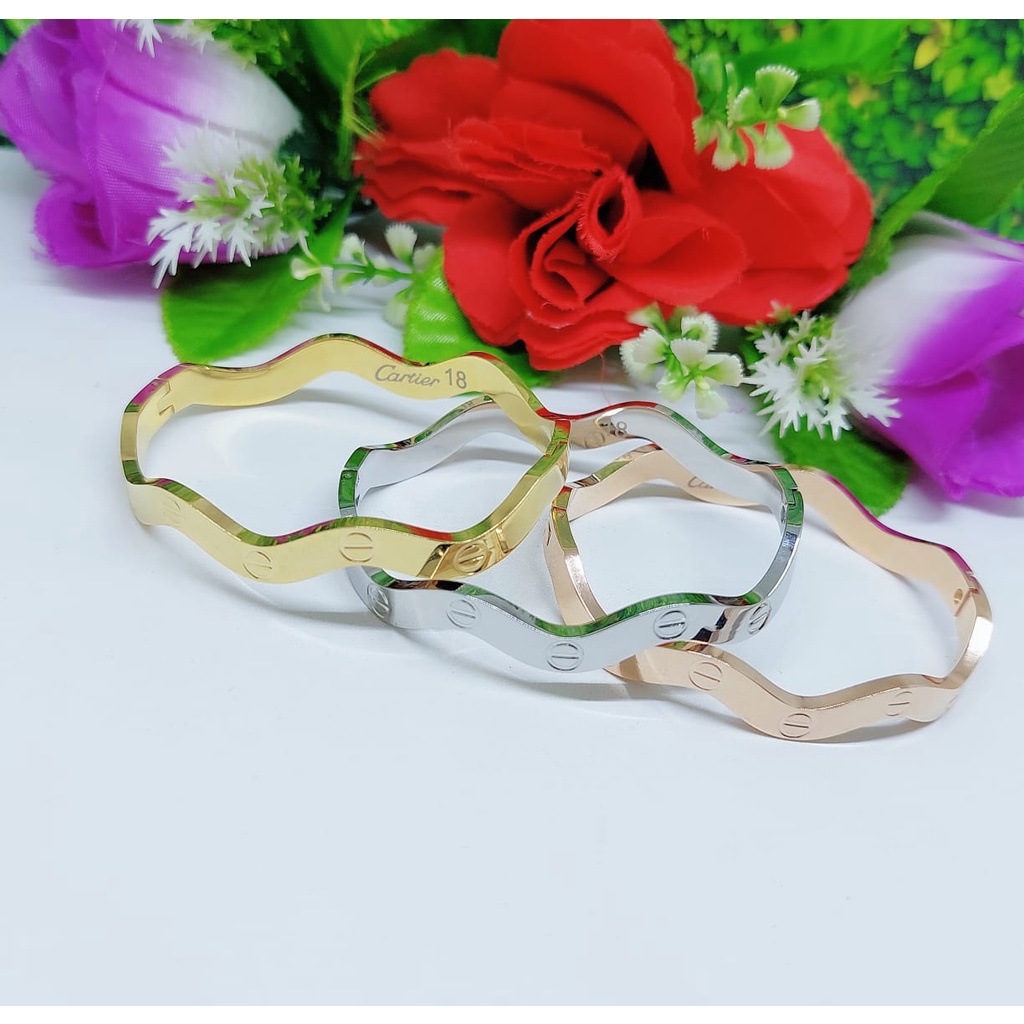 Titanium gelang dan cincin berbentuk gelombang perhiasan fashion （lebar6mm dan 4mm) 9973