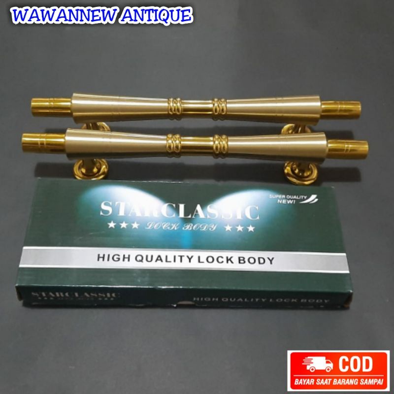 Handle Pintu / Gagang Pintu Rumah Kuningan + 1 Set Body Kunci Motif Bambu 34cm