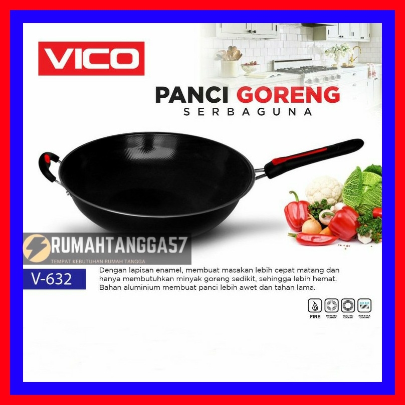 WAJAN GAGANG VICO 32CM HITAM / WAJAN TEFLON GAGANG 32CM / WAJAN PENGGORENGAN TEFLON 32CM / WAJAN ENA