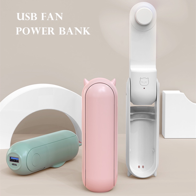 ( Local ) New Kipas Angin Portable Fan 4800mah Power Bank+ Mini Fans USB Rechargeable Pocket Desk Handheld Folded Mini Fan - White, Pink, Green