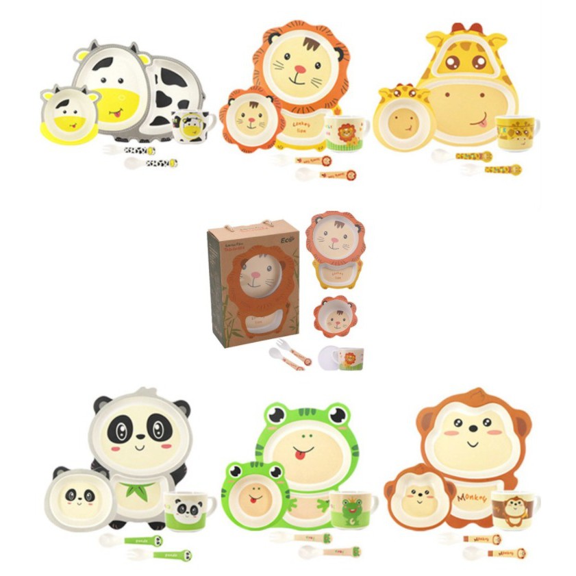 (pimenova) Bamboo kids set, Piring mangkok bambu anak, peralatan makan anak set bahan bambu kartun