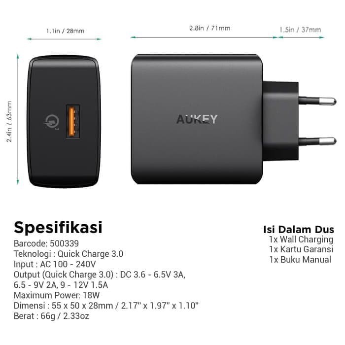 Aukey PA-T17 Amp Wall Charger 1 Port with Quick Charge 3.0 PAT17