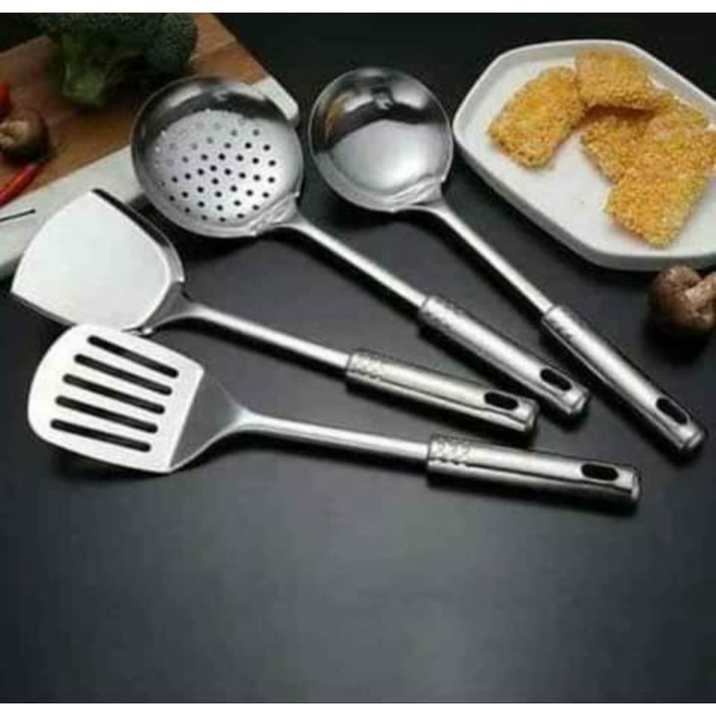 Alat masak spatula Set Isi 4pcs/Sutil Stainless Steel/Susuk/Centong Gagang stainless steel