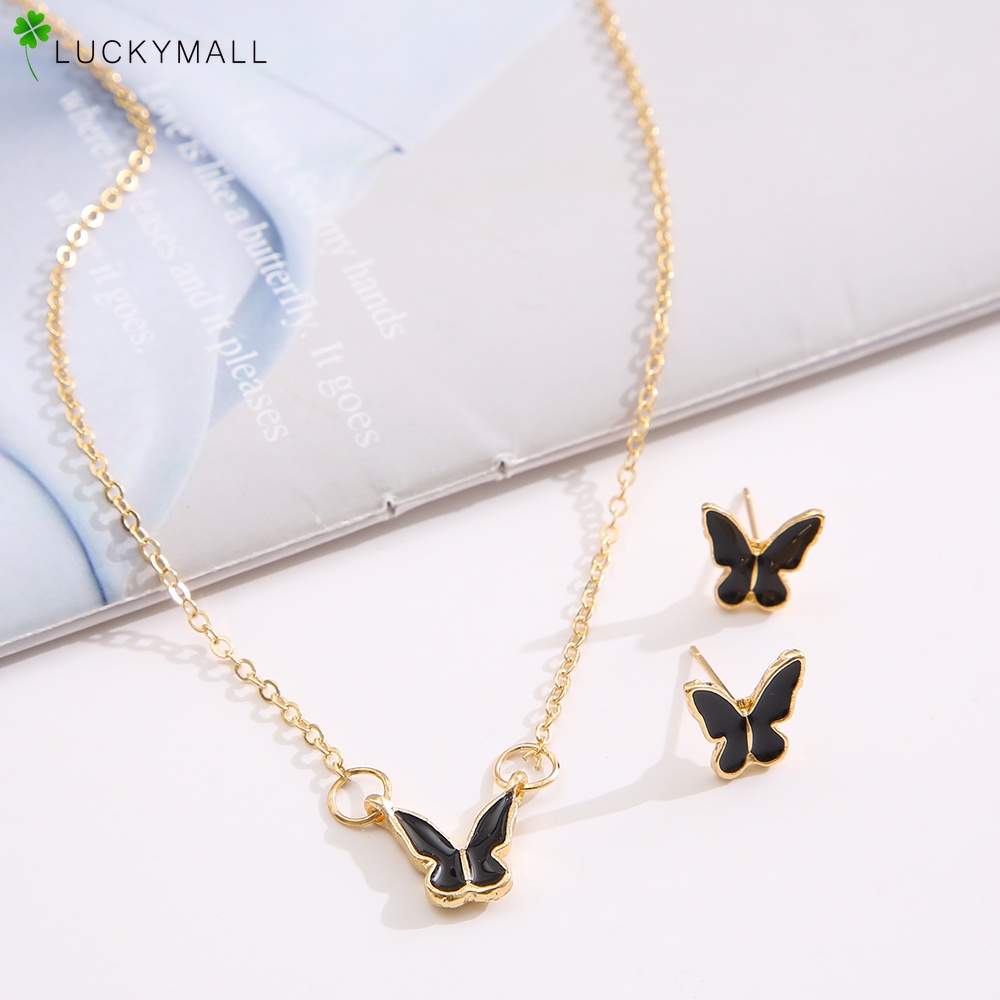 Set Anting Dan Kalung Rantai Choker Liontin Butterfly Warna-Warni Untuk Wanita