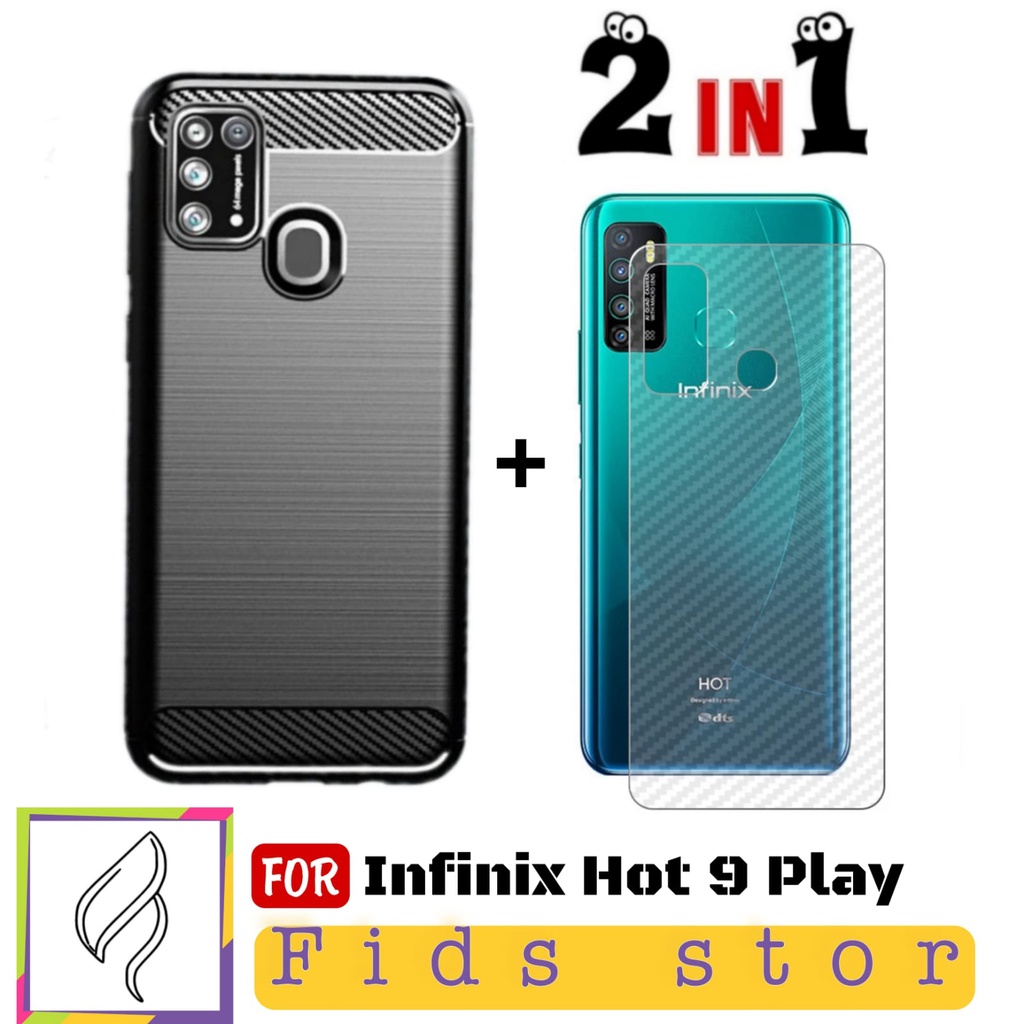 PROMO 3in1 Case Ipaky Carbon INFINIX Hot 9 Play &amp; Tempered Glass Layar Free Garskin Carbon