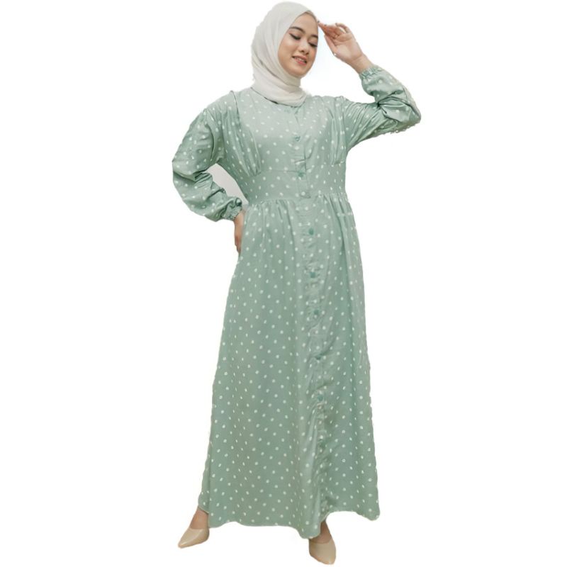 Gamis Terbaru Polkadot Andara Rayon Premium Dress Wanita Lengan Panjang  Baju Muslim Kekinian LD 110 cm