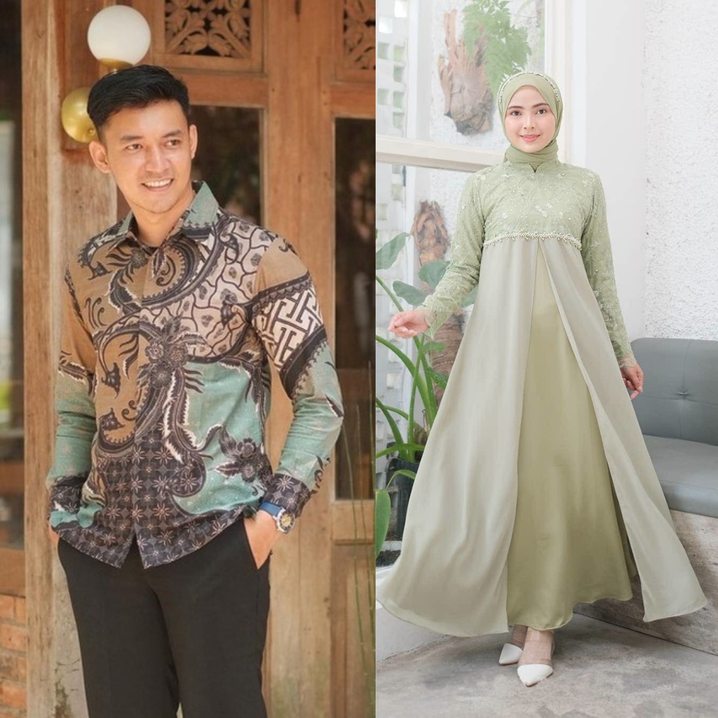 NEW COLLECTION - Couple Gamis Brukat Premium Gamis Brukat Dress Brukat Gamis Zalla Couple Lamaran Kondangan Kemeja Batik Couple Brukat